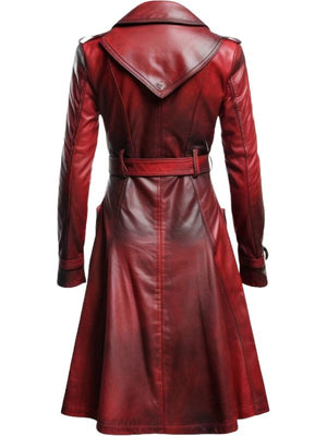 Women's Distressed Red Long Leather Coat