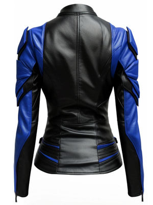 Women Leather Jacket – Blue and Black Faux Leather Jacket