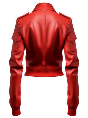 Women Leather Jacket Red Bomber