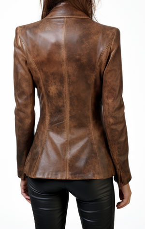 Women's Two-Button Distressed Brown Leather Blazer