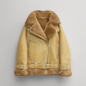 Women Light Brown RAF Aviator  Styled Sheepskin Shearling Leather Jacket