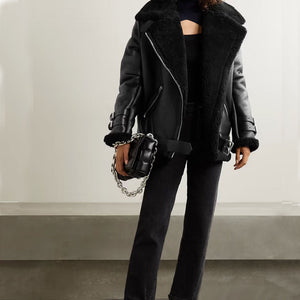 Black RAF B3 Trimmed Sheepskin Shearling Leather Biker Jacket