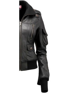 Womens Black Leather Bomber Jacket
