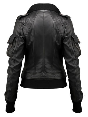 Womens Black Leather Bomber Jacket