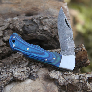 Custom Hand Forged Damascus Folding Knife With Steel Bolster & Stained Wood Handle WH 141