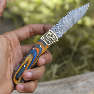 Custom Hand Forged Damascus Folding Knife Stain Wood Handle With Engraved Bolster WH 1558