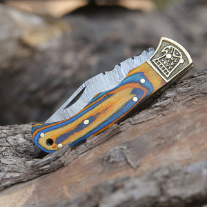 Custom Hand Forged Damascus Folding Knife Stain Wood Handle With Engraved Bolster WH 1558
