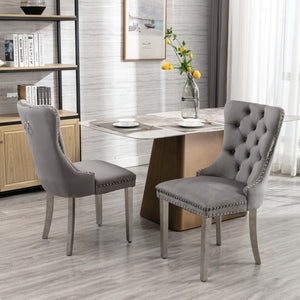 Modern Velvet Upholstered Dining Chairs with Nailhead Trim - Gray