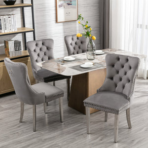Modern Velvet Upholstered Dining Chairs with Nailhead Trim - Gray