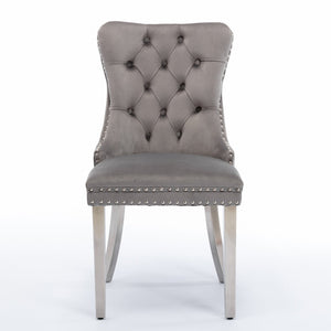 Modern Velvet Upholstered Dining Chairs with Nailhead Trim - Gray