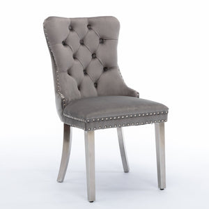 Modern Velvet Upholstered Dining Chairs with Nailhead Trim - Gray