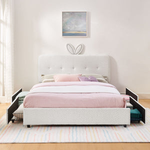 Upholstered Bed With Oversized Rabbit Ear Headboard, LED Lights & 4 Storage Drawers