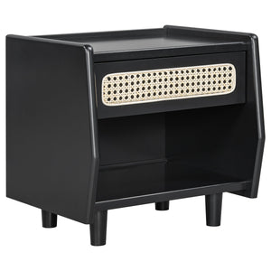 Black Nightstand with Rattan Detail