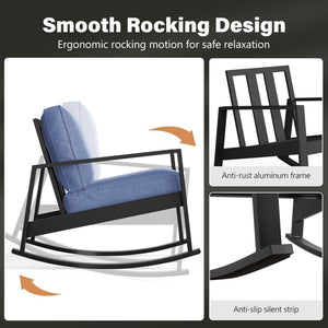 Outdoor Rocking Bistro Set Of 3, Oversized Rocking Chairs With Cushions And Side Table - Black / Blue