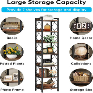 Extra Tall 7 Tier Narrow Corner Bookshelf Storage Display Rack For Living Room - Rustic Brown