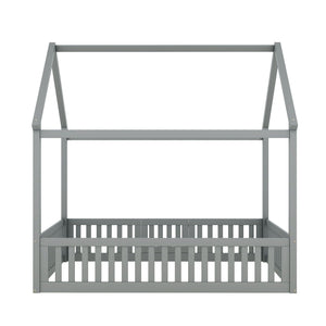 Wood House Bed With Fence And Door