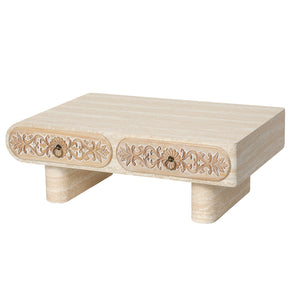 Rounded Edge Coffee Table with Flower Pattern Solid Wood Drawer
