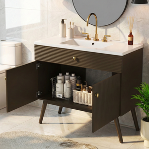 36" Luxury Striped Bathroom Vanity, Soft-Close Dual-Door Storage & Premium Ceramic Sink
