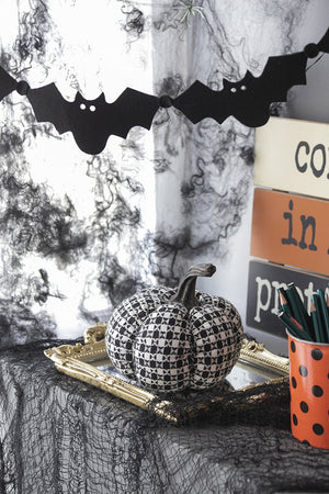 Plaid Fabric Pumpkin 7'' Black & White Halloween Decoration Accent