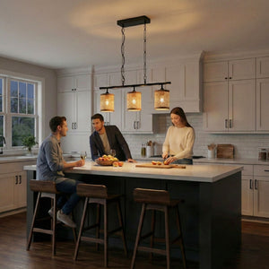 Elysian - 3 Lights Island With Natural Shade Farmhouse Chain Ceiling Lamp - Black / Rattan