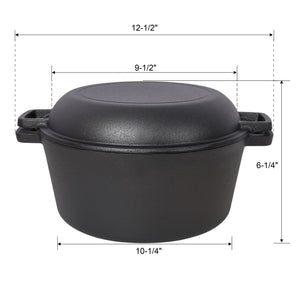 2 In 1 Pre-Seasoned Cast Iron Dutch Oven With Dual Handles, 5 Quart - Black
