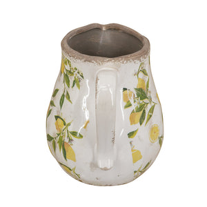 7.9x6.5x7.9' White Ceramic Pitcher Vase with Yellow Lemon Motif