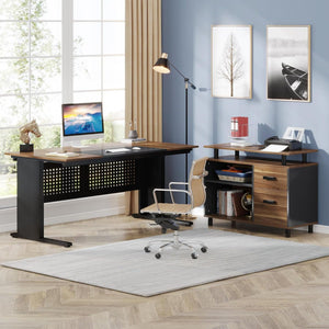 L-Shaped Executive Desk With File Cabinet, Office Workstation With Drawers, Shelves & Storage