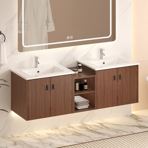 Soft Close Doors Bathroom Vanity With Small Storage Shelves, 24" And 12" Combination Cabinet - Reddish Brown