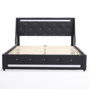 Wingback Upholstered Bed Frame With LED Lights, Charging Station