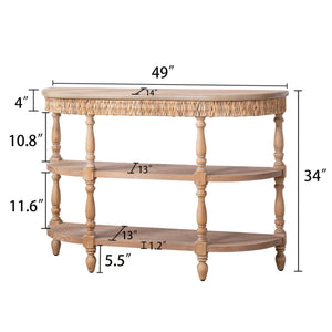Handcrafted Console Table With Hand Woven Trim, 3 Tier Storage Shelves - Natural