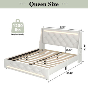 Wingback Upholstered Bed Frame With LED Lights, Charging Station