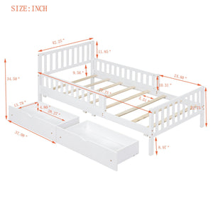 Platform Bed With Guardrails On Both Sides And 2 Storage Drawers