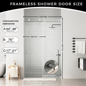 Frameless Sliding Shower Door, 44-48 in W x 75 in H