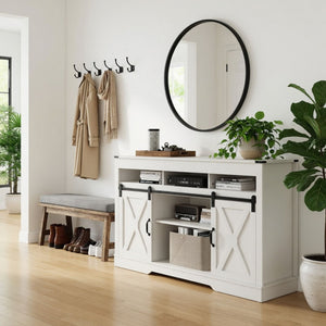 Farmhouse TV Stand With Sliding Barn Doors & Adjustable Storage