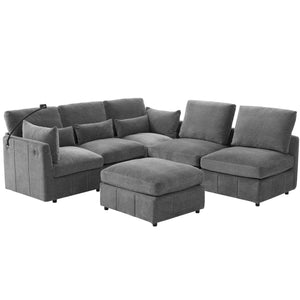 Modern Modular U-Shaped Sofa Bed With Movable Ottoman, USB Ports, Phone Holder