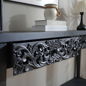 59.2in Black Carved Wooden Console Table with Lower Storage Shelf and Drawers