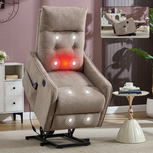 Khaki Chenille Power Lift Recliner Chair with Massage and Heat