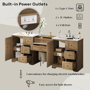Double Sink Bathroom Vanity With Countertop, 2 Ceramic Sinks, 6 Drawers