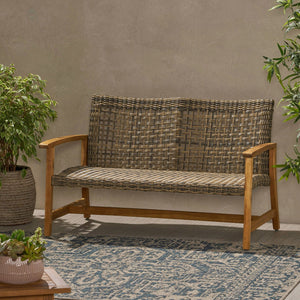 Outdoor Rattan Loveseat with Wooden Legs - Brown