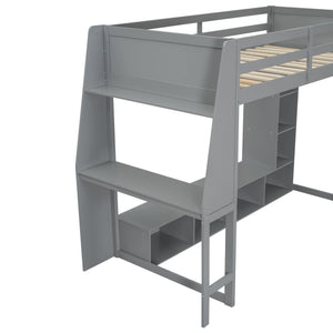 Gaming Loft Bed With Desk, Multi Storage Shelves, LED Lighting, And Hanging Clothes Rack