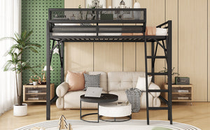 Full Size Loft Bed with Ladder and Storage Shelves