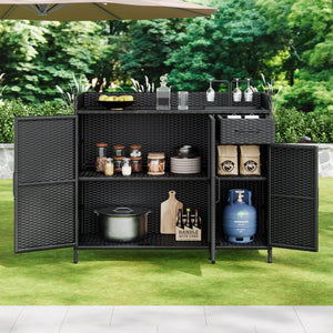 K&K 47.5"W Wicker Outdoor Storage Cabinet with Tempered Glass Top