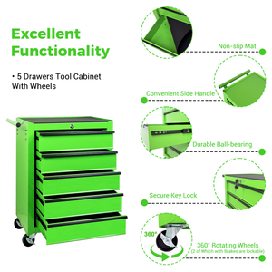 Rolling Metal Tool Chest with 5 Drawers, 20" Steel Cabinet - Green