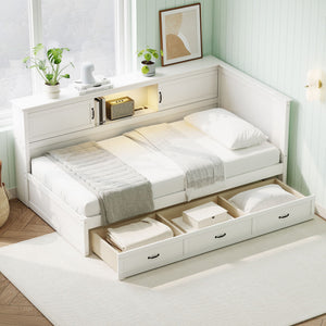 Twin Size L - Shaped Captain Bed With Drawer And Bookcase, LED Downlight And USB Charging Station - White
