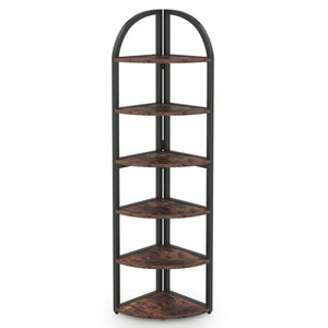 Tall 6 Tier Corner Shelf, Freestanding Bookshelf For Living Room - Rustic Brown