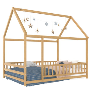 Full Size Floor Wooden Bed with House Roof Frame