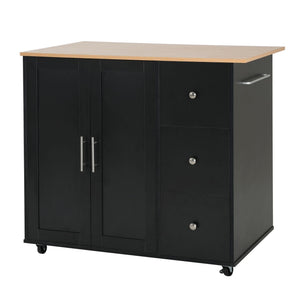 Mobile Kitchen Cart With Storage With 2 Doors, 3 Drawers & Adjustable Shelf - Black / Natural