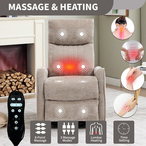 Khaki Heat Massage Manual Recliner Chair with Rocker and Swivel in Fabric for Living Room