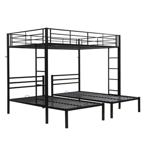 Modern Metal Triple Bunk Bed With Vertical Ladder, Safety Rail, And Storage Shelf - Black