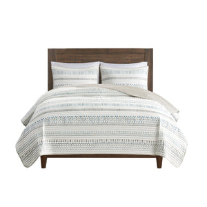 3 Piece Printed Microfiber Seersucker Quilt Set Taupe/Blue Full/Queen